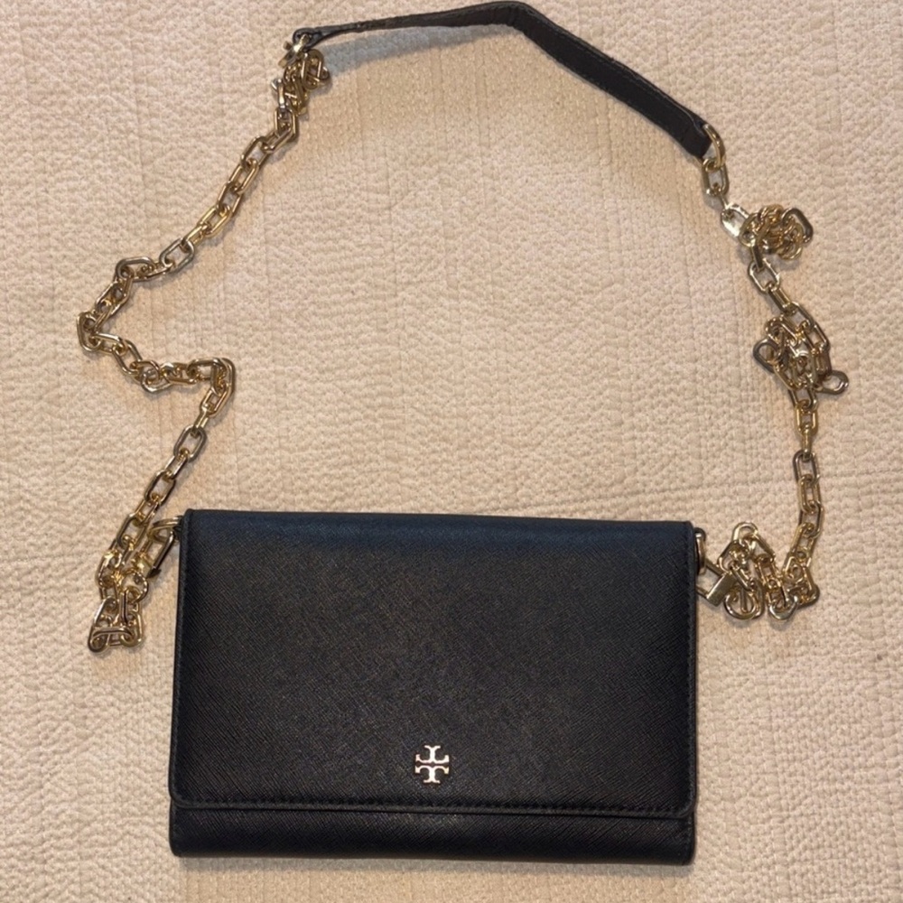Tory Burch Emerson Black Saffiano Leather Crossbody Wallet Chain Bag ~ 7.75x5”